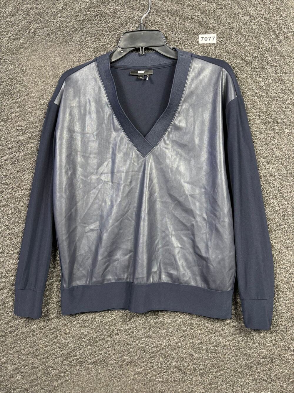 DKNY Faux Leather Sweatshirt Womens Size XS Navy V-Neck Long Sleeves